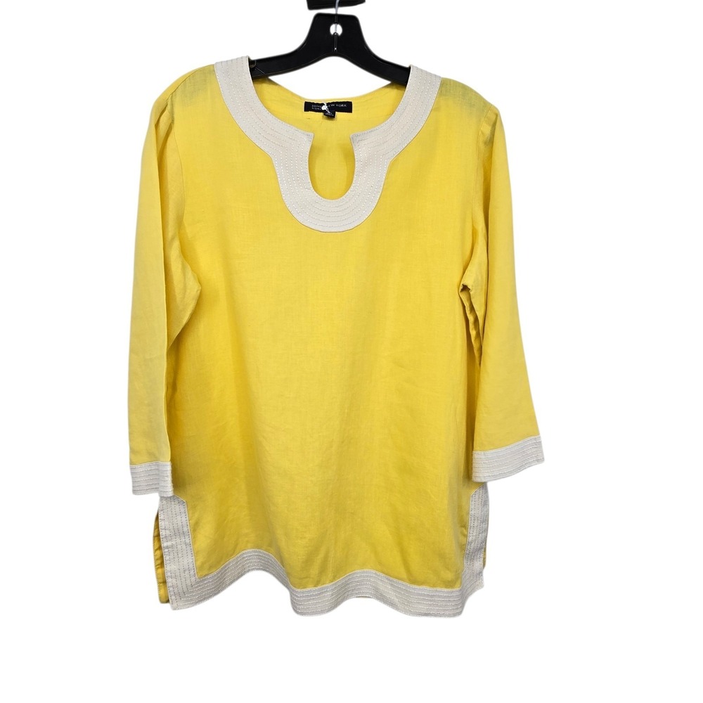 Jones New York Signature 100% Linen Tunic‎ Top Womens LG Yellow Split Neck Beach